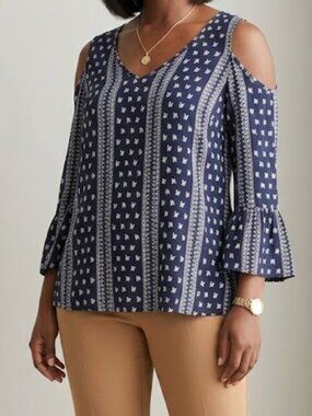 NEW Mittoshop Western Open Shoulder Bell Sleeve Bandana Print Blouse SZ S